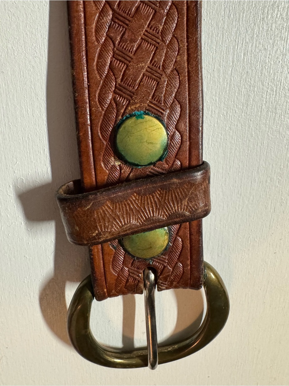 Vintage Triple K Tooled Leather Basketweave Western Belt, Brass Buckle 32-36